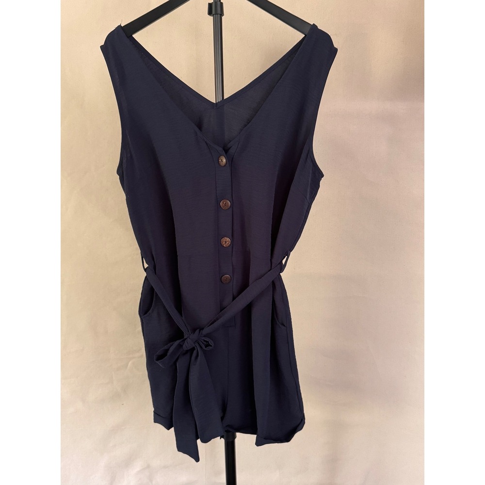 SHEIN XL Navy Blue Button Front Belted Romper‎ Est MSRP $25